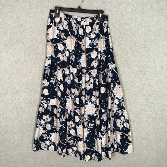 Rachel Zoe Skirt XS Navy Floral Midi Tiered Flowy Cottage Feminine‎ Western Boho - Picture 1 of 11